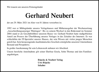Traueranzeige von Gerhard Neubert von Südthüringer Presse