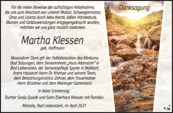 Traueranzeige von Martha Klessen von Südthüringer Presse