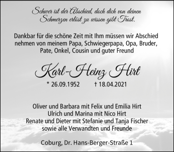Traueranzeige von Karl-Heinz Wirt von Neue Presse Coburg