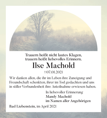 Traueranzeige von Ilse Machold von Südthüringer Presse