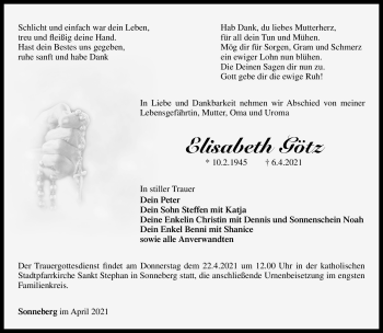 Traueranzeige von Elisabeth Götz von Südthüringer Presse