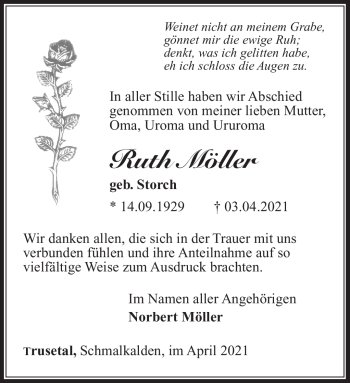 Traueranzeige von Ruth Möller von Südthüringer Presse
