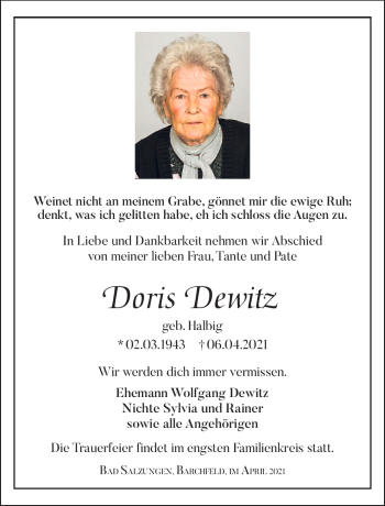 Traueranzeige von Doris Dewitz von Südthüringer Presse