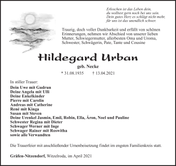 Traueranzeige von Hildegard Urban von Südthüringer Presse