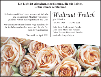 Traueranzeige von Waltraut Frölich von Südthüringer Presse