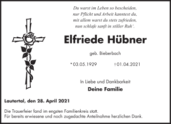 Traueranzeige von Elfriede Hübner von Neue Presse Coburg