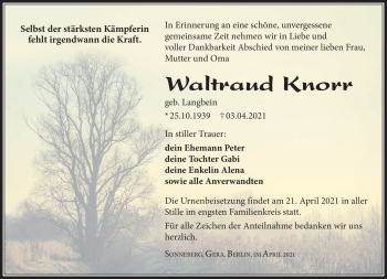 Traueranzeige von Waltraud Knorr von Südthüringer Presse