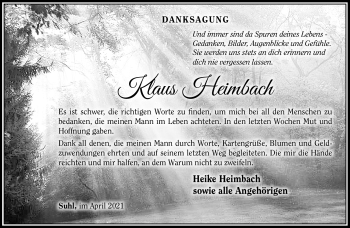 Traueranzeige von Klaus Heimbach von Südthüringer Presse