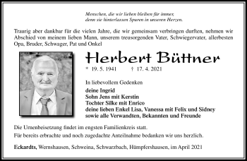 Traueranzeige von Herbert Büttner von Südthüringer Presse