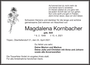 Traueranzeige von Magdalena Kornbacher von Frankenpost
