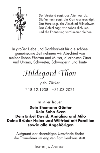 Traueranzeige von Hildegard Thon von Südthüringer Presse