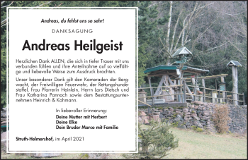 Traueranzeige von Andreas Heilgeist von Südthüringer Presse