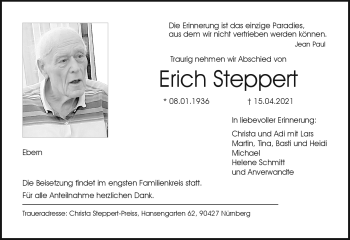 Traueranzeige von Erich Steppert von Neue Presse Coburg