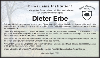 Traueranzeige von Dieter Erbe von Südthüringer Presse