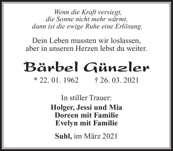 Traueranzeige von Bärbel Günzler von Südthüringer Presse