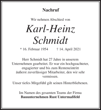 Traueranzeige von Karl-Heinz Schmidt von Südthüringer Presse