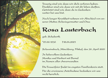 Traueranzeige von Rosa Lauterbach von Frankenpost