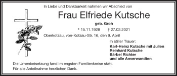 Traueranzeige von Elfriede Kutsche von Frankenpost