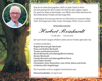 Traueranzeige von Herbert Reinhardt von Südthüringer Presse