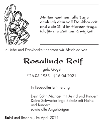Traueranzeige von Rosalinde Reif von Südthüringer Presse