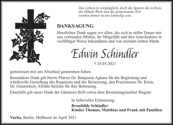Traueranzeige von Edwin Schindler von Südthüringer Presse