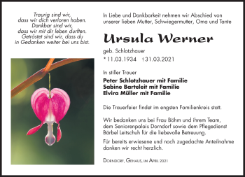 Traueranzeige von Ursula Werner von Südthüringer Presse