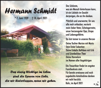 Traueranzeige von Hermann Schmidt von Südthüringer Presse