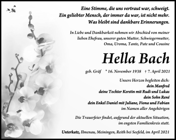 Traueranzeige von Hella Bach von Südthüringer Presse