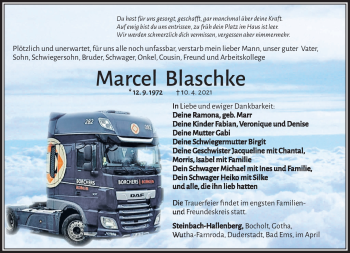 Traueranzeige von Marcel Blaschke von Südthüringer Presse