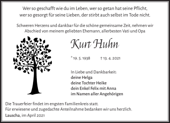 Traueranzeige von Kurt Huhn von Südthüringer Presse