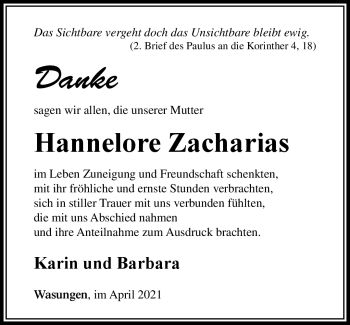 Traueranzeige von Hannelore Zacharias von Südthüringer Presse