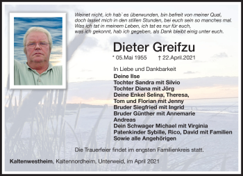 Traueranzeige von Dieter Greifzu von Südthüringer Presse
