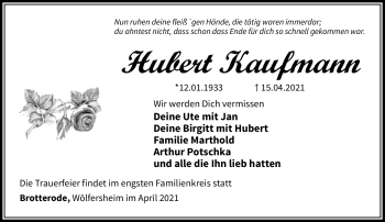 Traueranzeige von Hubert Kaufmann von Südthüringer Presse