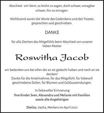 Traueranzeige von Roswitha Jacob von Südthüringer Presse