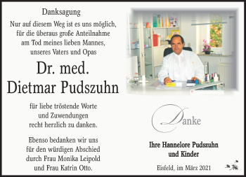 Traueranzeige von Dietmar Pudszuhn von Südthüringer Presse