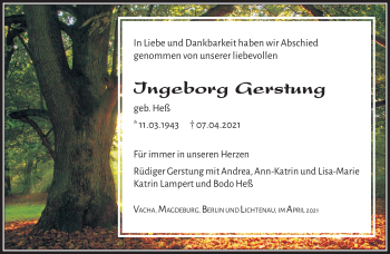 Traueranzeige von Ingeborg Gerstung von Südthüringer Presse