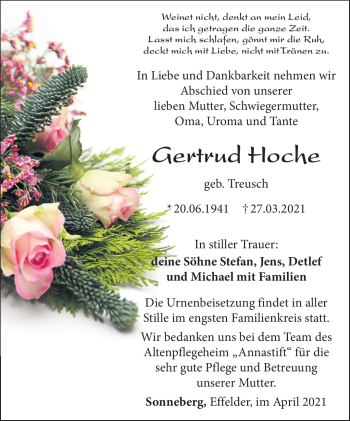 Traueranzeige von Gertrud Hoche von Südthüringer Presse