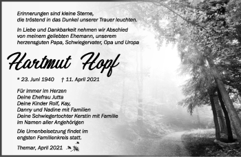 Traueranzeige von Hartmut Hopf von Südthüringer Presse