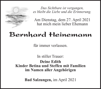 Traueranzeige von Bernhard Heinemann von Südthüringer Presse