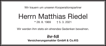 Traueranzeige von Matthias Riedel von Frankenpost