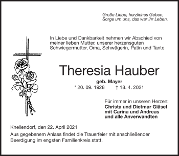 Traueranzeige von Theresia Hauber von Neue Presse Coburg