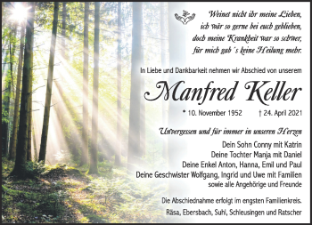 Traueranzeige von Manfred Keller von Südthüringer Presse