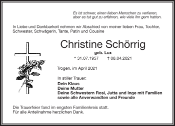 Traueranzeige von Christine Schörrig von Frankenpost
