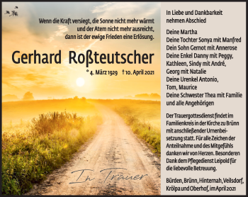 Traueranzeige von Gerhard Roßteutscher von Südthüringer Presse