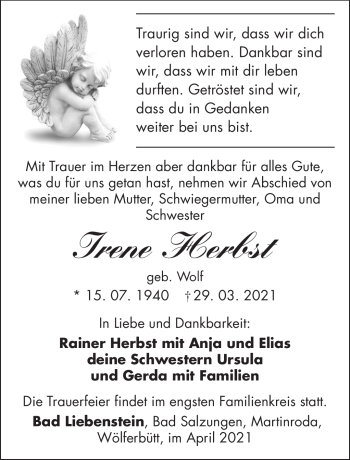 Traueranzeige von Irene Herbst von Südthüringer Presse