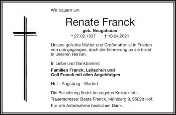 Traueranzeige von Renate Franck von Frankenpost