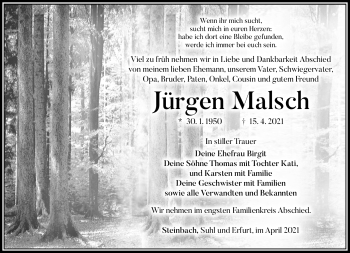 Traueranzeige von Jürgen Malsch von Südthüringer Presse