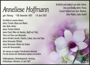 Traueranzeige von Anneliese Hoffmann von Südthüringer Presse