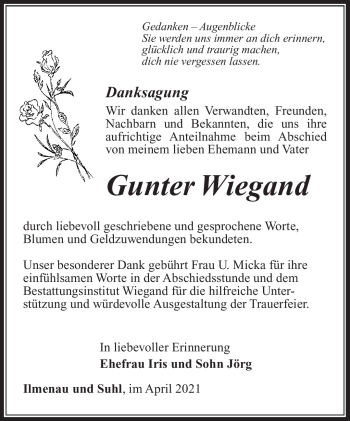 Traueranzeige von Gutner Wiegand von Südthüringer Presse