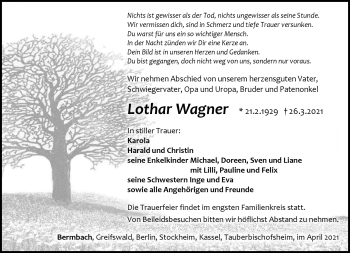 Traueranzeige von Lothar Wagner von Südthüringer Presse